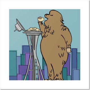 Bigfoot Eats Donuts From The Space Needle Posters and Art